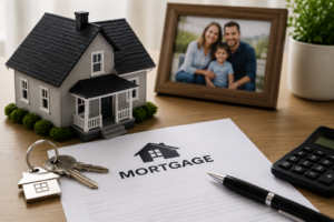 Mortgage documents, house keys, and model home representing mortgage planning and family financial protection